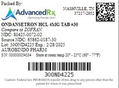 Ondansetron HCl 4mg Tab Qty 30 Ndc 80425 0072